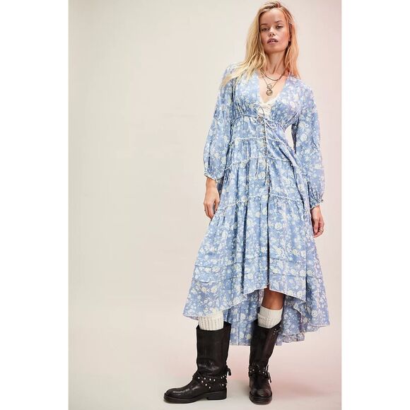 Free People Pappiet Floral Boho Midi Dress size M Bluebell Combo Long Sleeve V-n - Picture 1 of 15